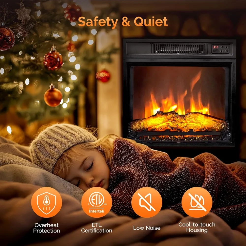 ROVSUN 18 Electric Fireplace Inserts with Remote Control, 1400W Recessed Stove Heater with 8H Timer, 6 Flame Colors, 5 Brightnes
