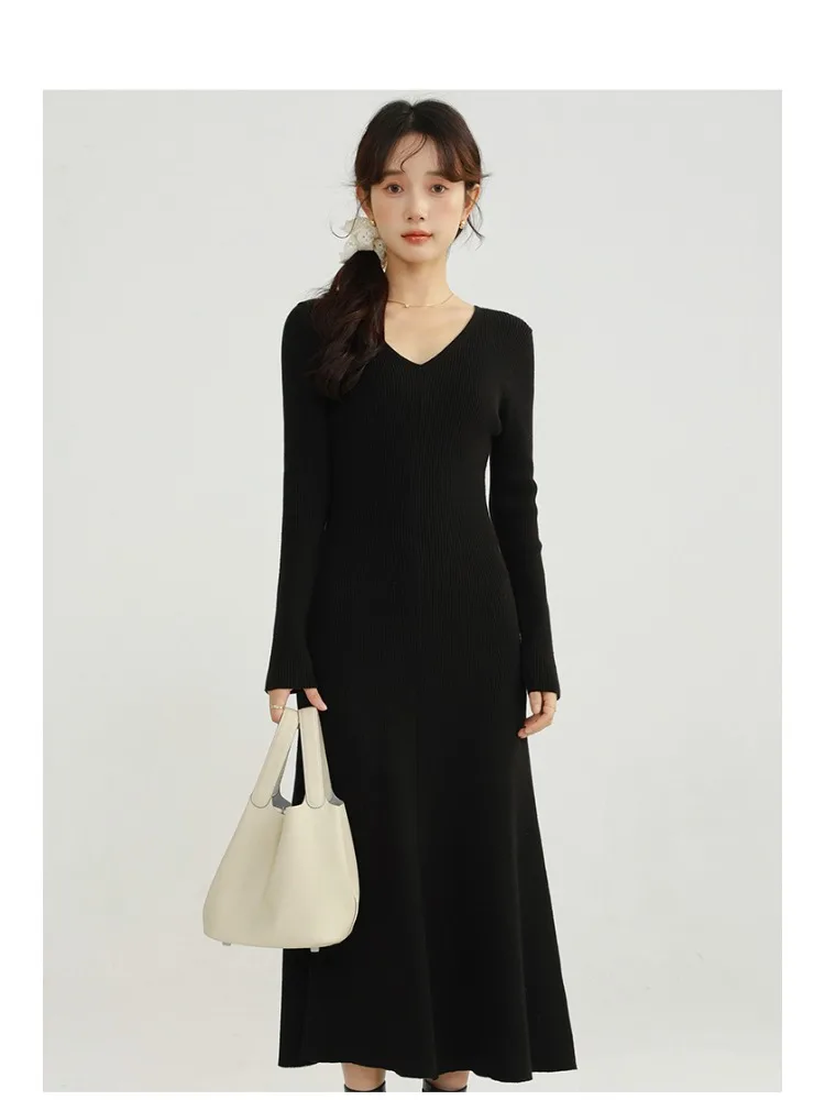 Vestido de malha feminino fino com decote em v, outono inverno, manga comprida, bodycon, midi, suéter, elegante, cintura, linha a, roupa de camada interna