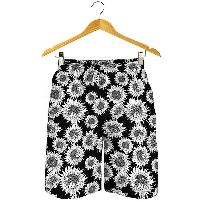 Shorts de praia de girassol preto e branco para homens, plantas 3D impressas, calções de natação gráficos florais, venda quente