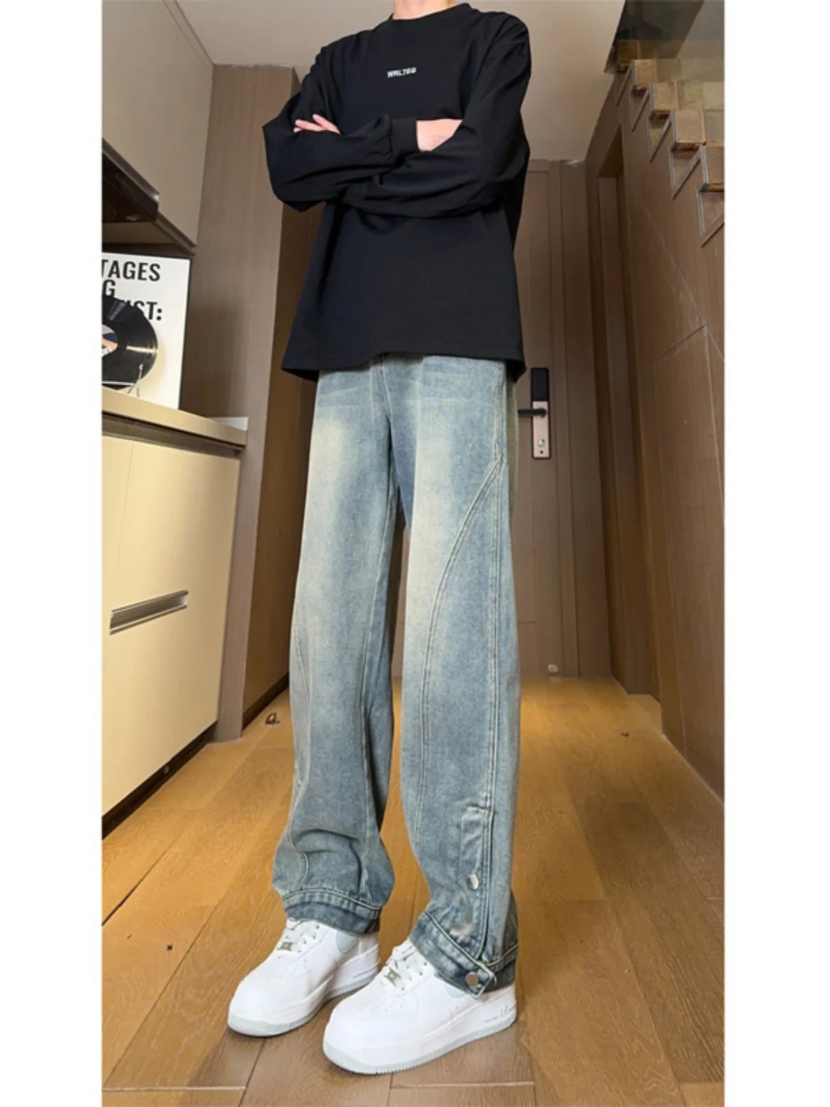 

Retro Blue Buttoned Wide Leg Men's Jeans American High Street Vibe Straight Loose Trousers Autumn Faion Youth Trend