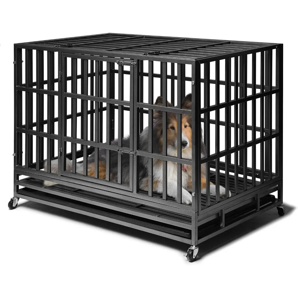 

Heavy duty dog cage with sturdy metal frame, double door and lockable wheels for extra large dog breeds, pet pens