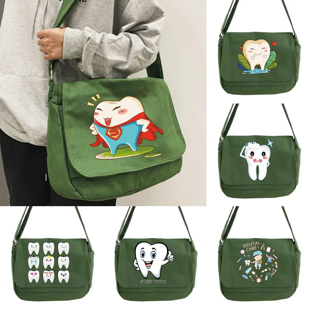 Messenger Bag Large Capacity Shoulder Bags Vintage Handbag Teeth Series Adjustable Casual Canvas Crossbody Bag for Men Women