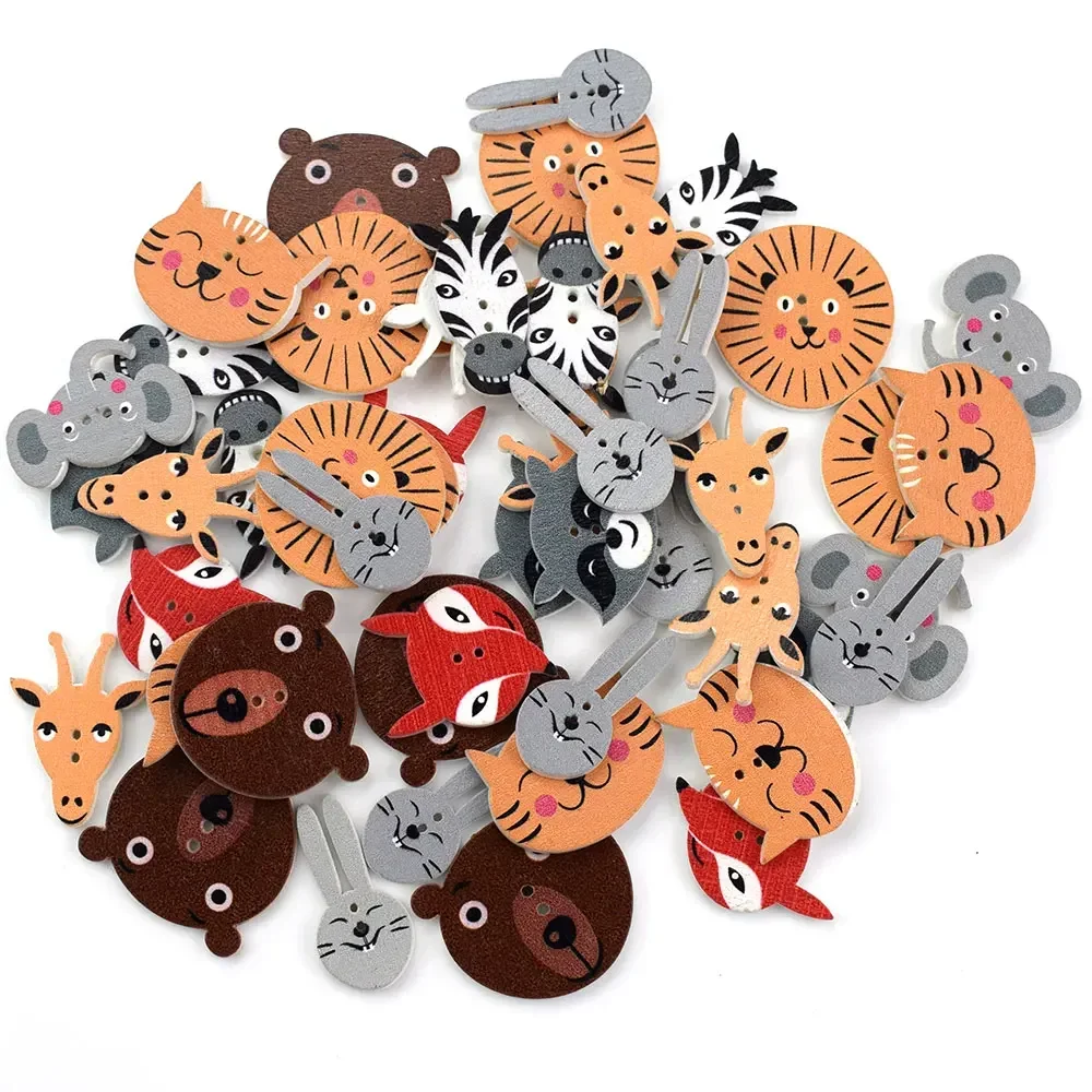 

50PCS Wooden Sewing Buttons Scrapbooking Forest Animal Colorful Mixed Two Holes Button for Clothes DIY Needlework Accessories