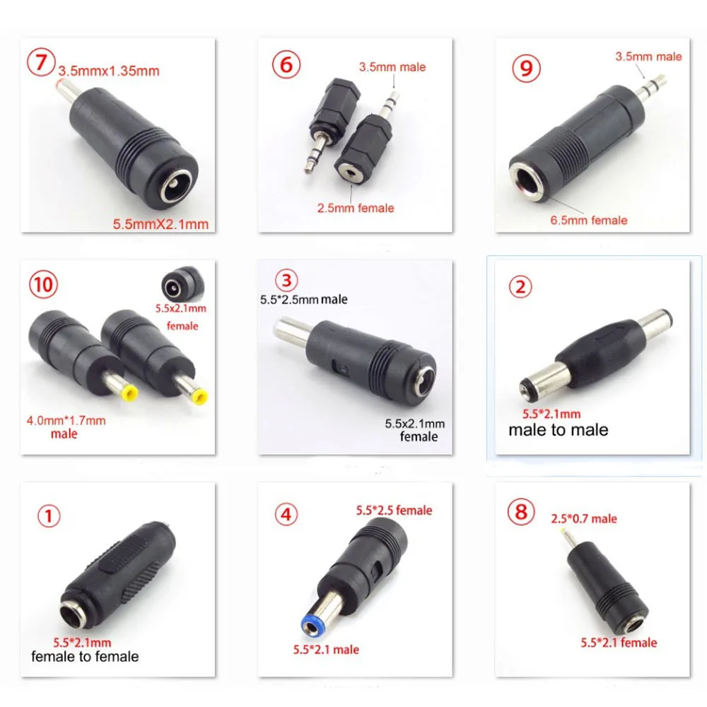 DC 6,5 mm 5,5 x 2,1 mm 2,5 mm 3,5 x 1,35 mm 4,0 2,5 mm Netzteil-Anschluss Buchse auf Stecker PC-Tablet-Stromrichter-Klinkenstecker