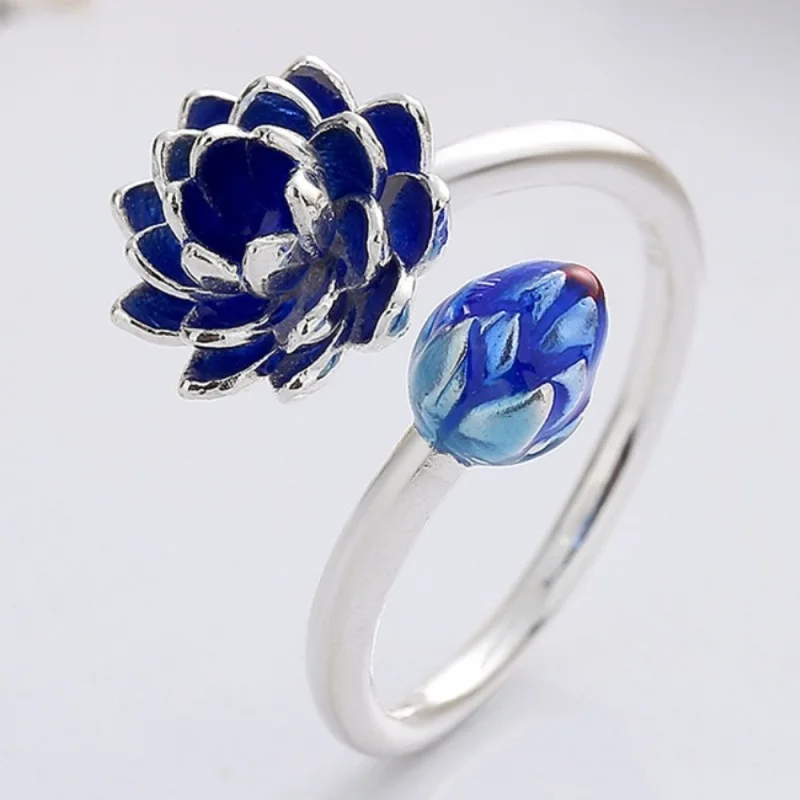 

Real Solid 925 Sterling Silver Band Women Lucky Enamel Blue Lotus Flower Open Ring