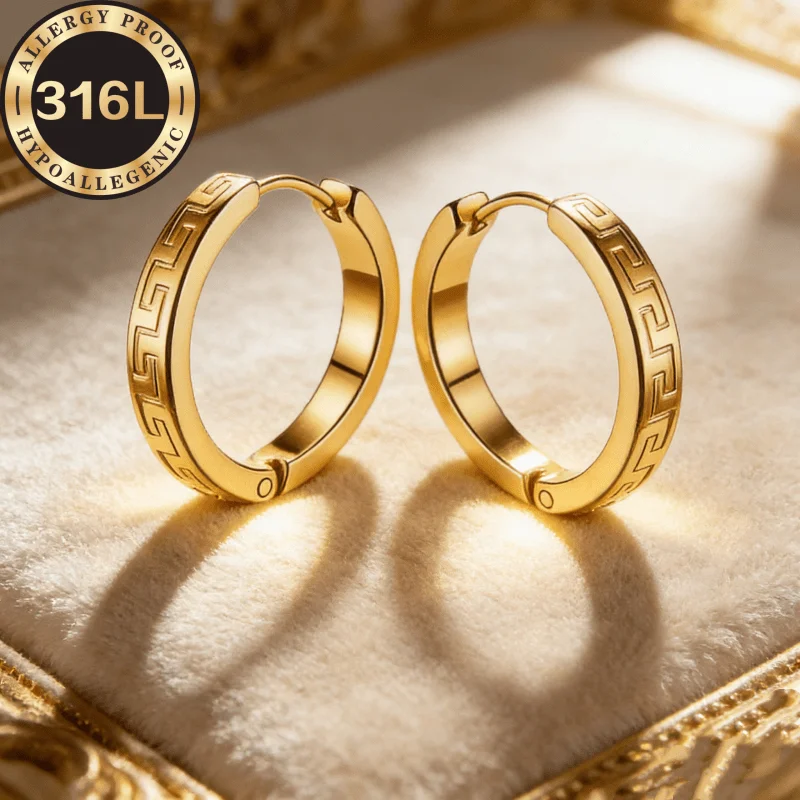 High quality stainless steel hypoallergenic golden earrings. Square flat Great Wall pattern, high sense paper pattern smal