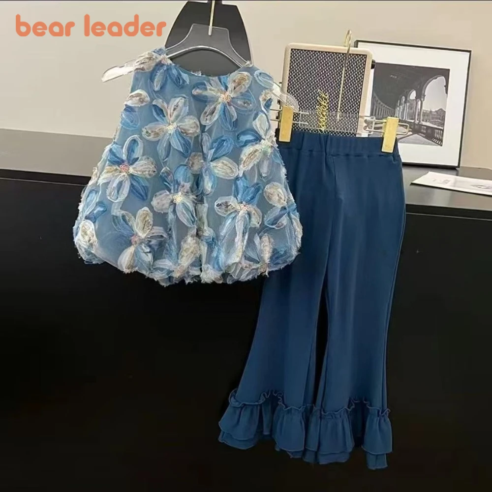

Корейская версия Bear Leader: милый синий летний комплект для девочек, топ без рукавов с цветочным принтом и расклешенные брюки, модные детские комплекты