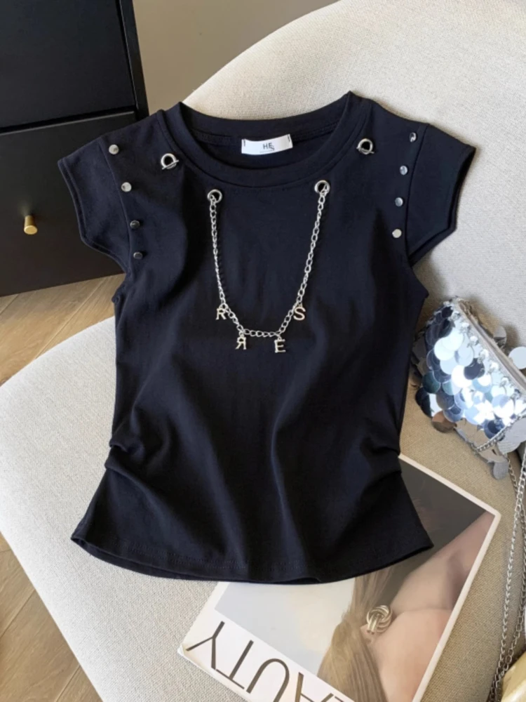 แฟชั่น Y2k เสื้อยืดแขนกุดหญิงฤดูร้อนใหม่ Rivet CHAIN Splicing สีทึบเสื้อไหล่แขนสั้น TOP Tees ผู้หญิง