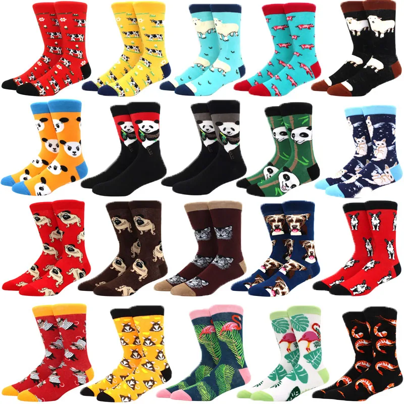 Men happy fun socks printing art cute spring animal socks panda cow sheep bulldog cotton fashion harajuku colorful socks