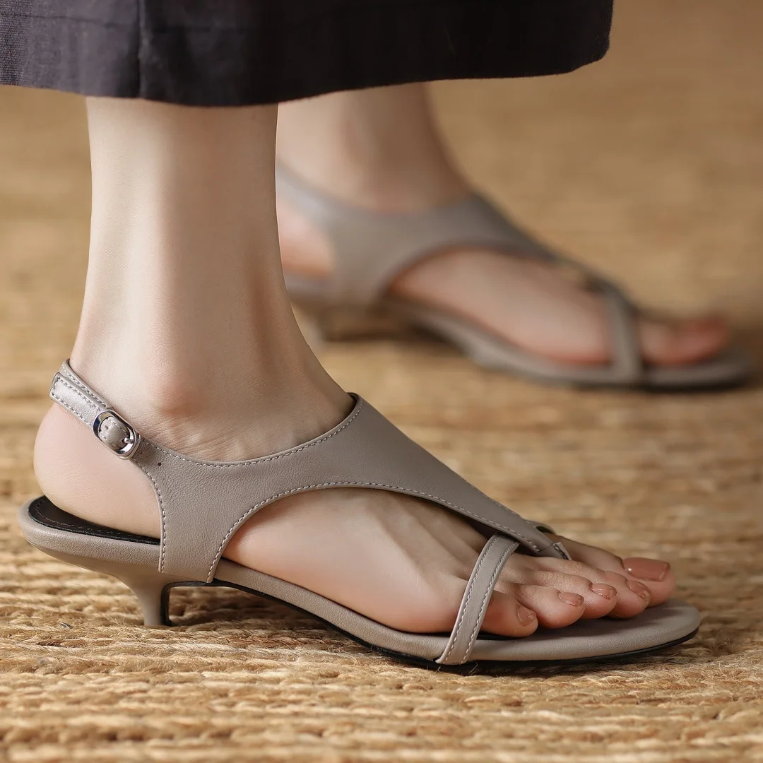 

Women's genuine leather narrow band t-strap flip-flop sandals elegant ladies 4cm thin high heel summer daily dress heeled pumps