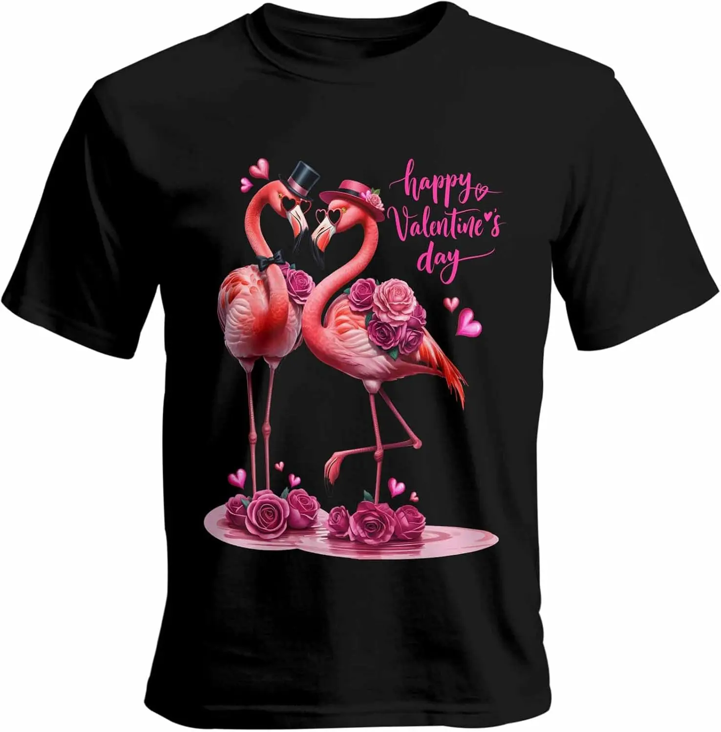 Camisetas para hombre, camisetas de manga corta con cuello redondo, camisa informal con estampado de flores de rosa y flamenco para hombre, S-3XL