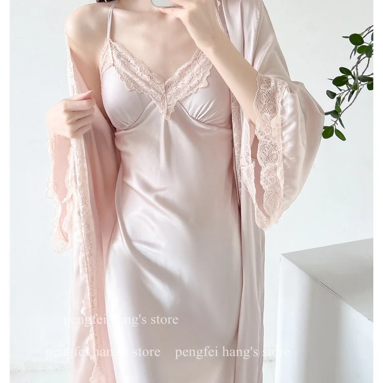 Long Kimono Bathrobe Elegant Palace Style Nightdress Lady Rayon Sleepwear 2Pcs Sling Nightgown Robe Casual Intimate Lingerie