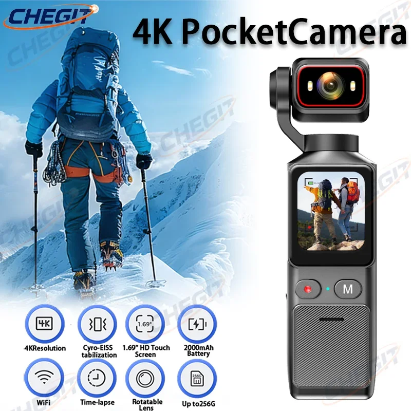 

4K Pocket Action Camera 1.69" HD TouchScreen Screen Stabilization Sport BodyCam Portable Small Video Recorder Digital Vlog WIFI