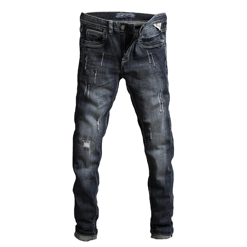Italienische Mode Männer Jeans Retro Schwarz Blau Elastische Slim Fit Ausgefranste Ripped Jeans Männer Vintage Designer Denim Hosen Hombre