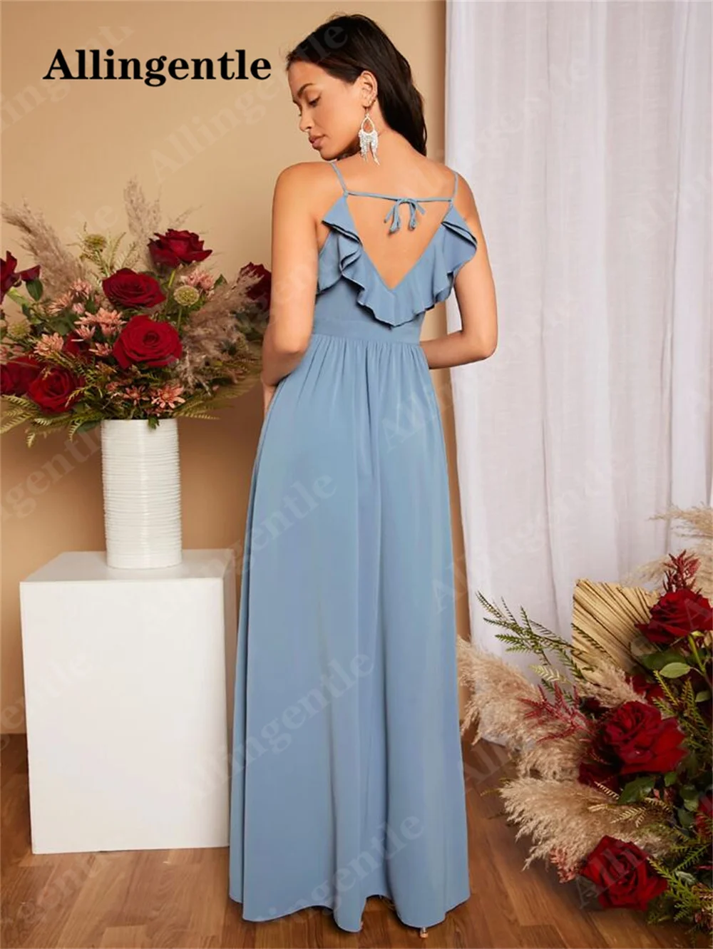 Allingentle-Cetim V-Neck Ruched dama Vestidos, Side Slit Evening Party Gown, até o chão, Spaghetti-Correias, A-line, simples, 2022