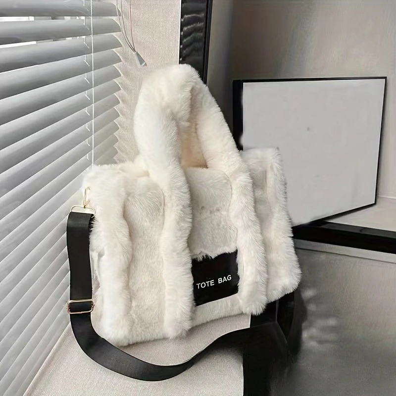 Fashionable and Simple Large-capacity Plush Black Label Tote Bag for Women Cross-body Shoulder Bag Versatile Plush Bag