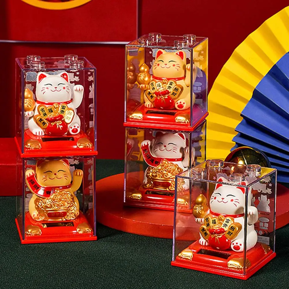 Lucky Wealth Waving Cat Chinese Gold Waving Hand Cat Solar Powered Swing Arm Lucky Cat Waving Fortune Figurine Cat Decoration