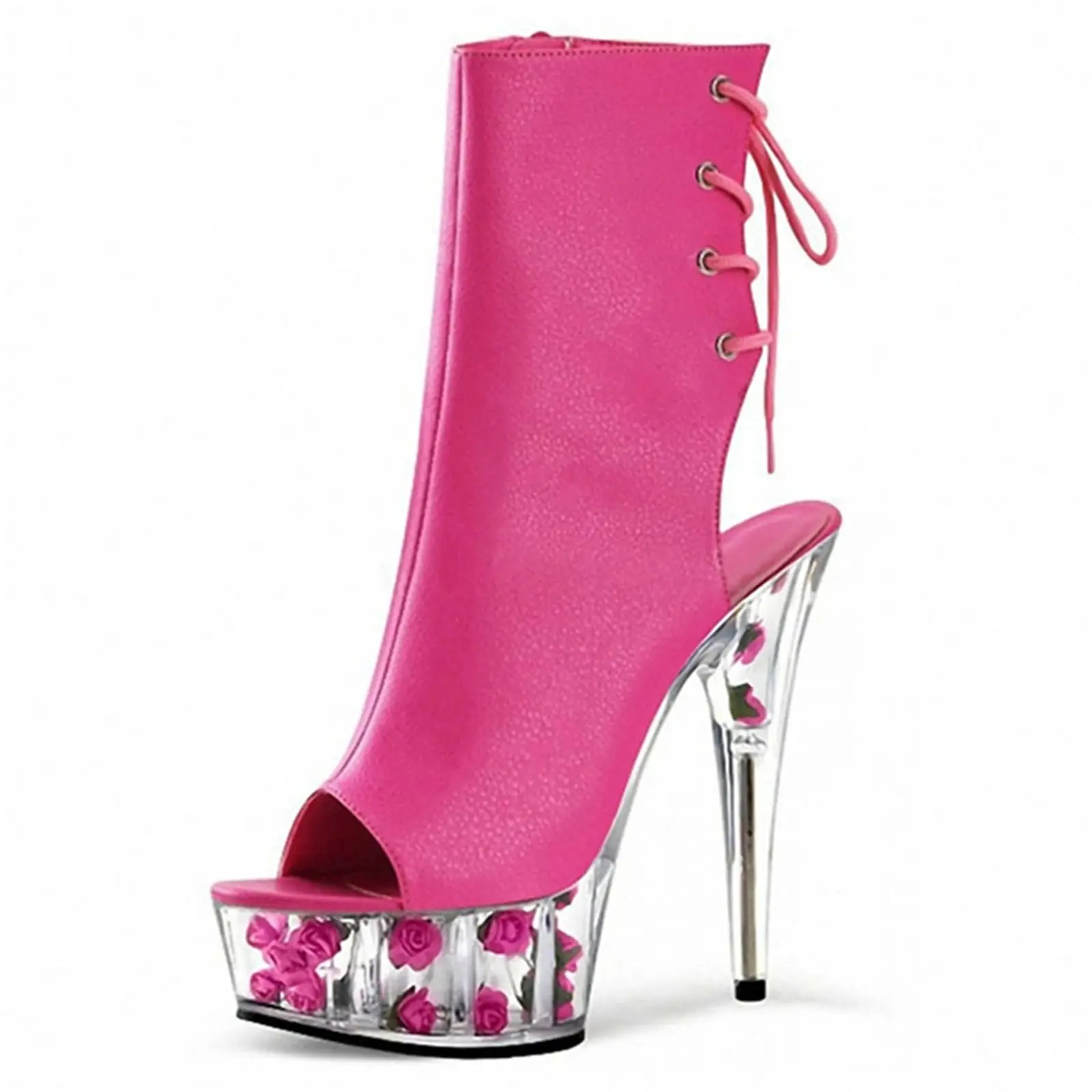 

15CM Bright Pink Peep Toe Boots Women Glossy Platform Stiletto Heels Ankle Lace Up Design Bold Color Nightclub Wear