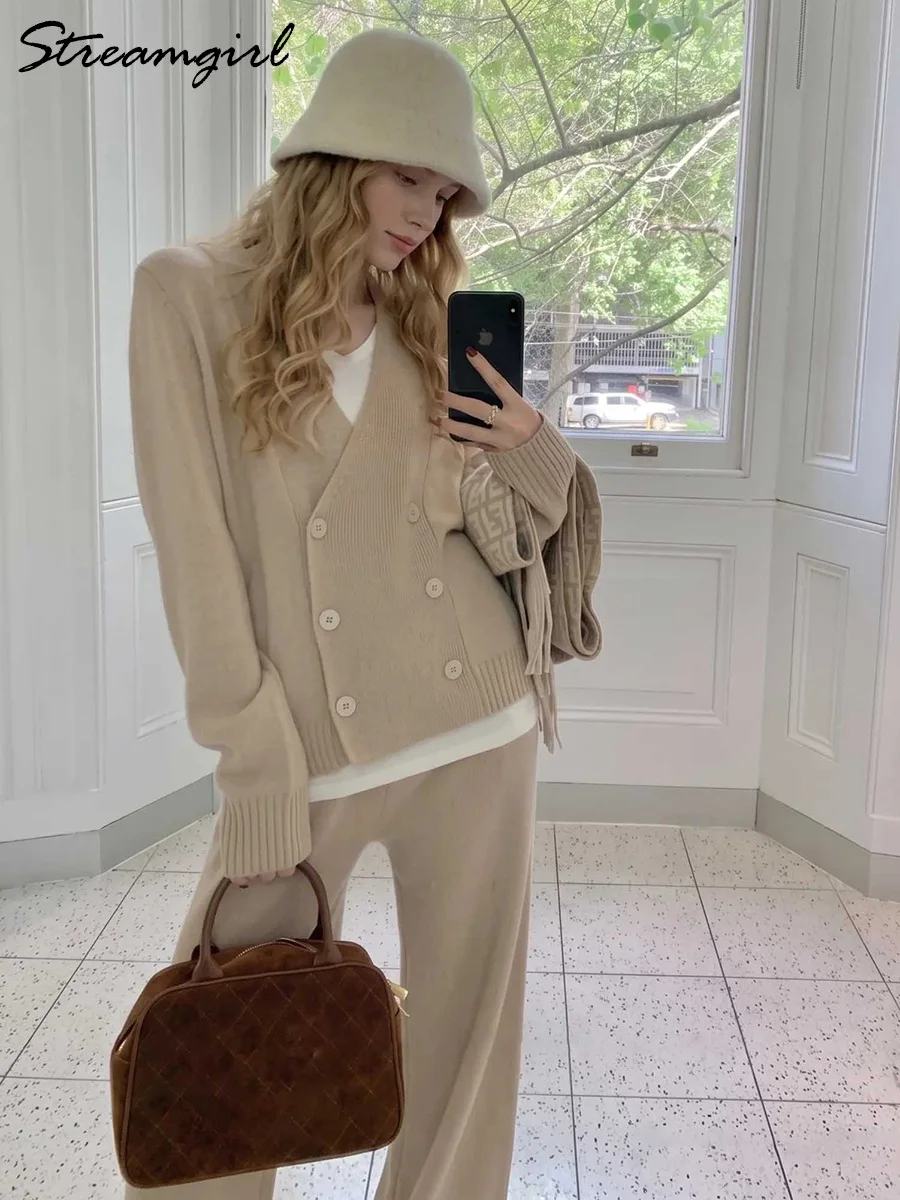 Knitted Pants Set Women 2 Pieces Autumn Wide Leg Trousers Ladies Office Gray Knitted Suit Loose Pants And Sweater Set Women Warm