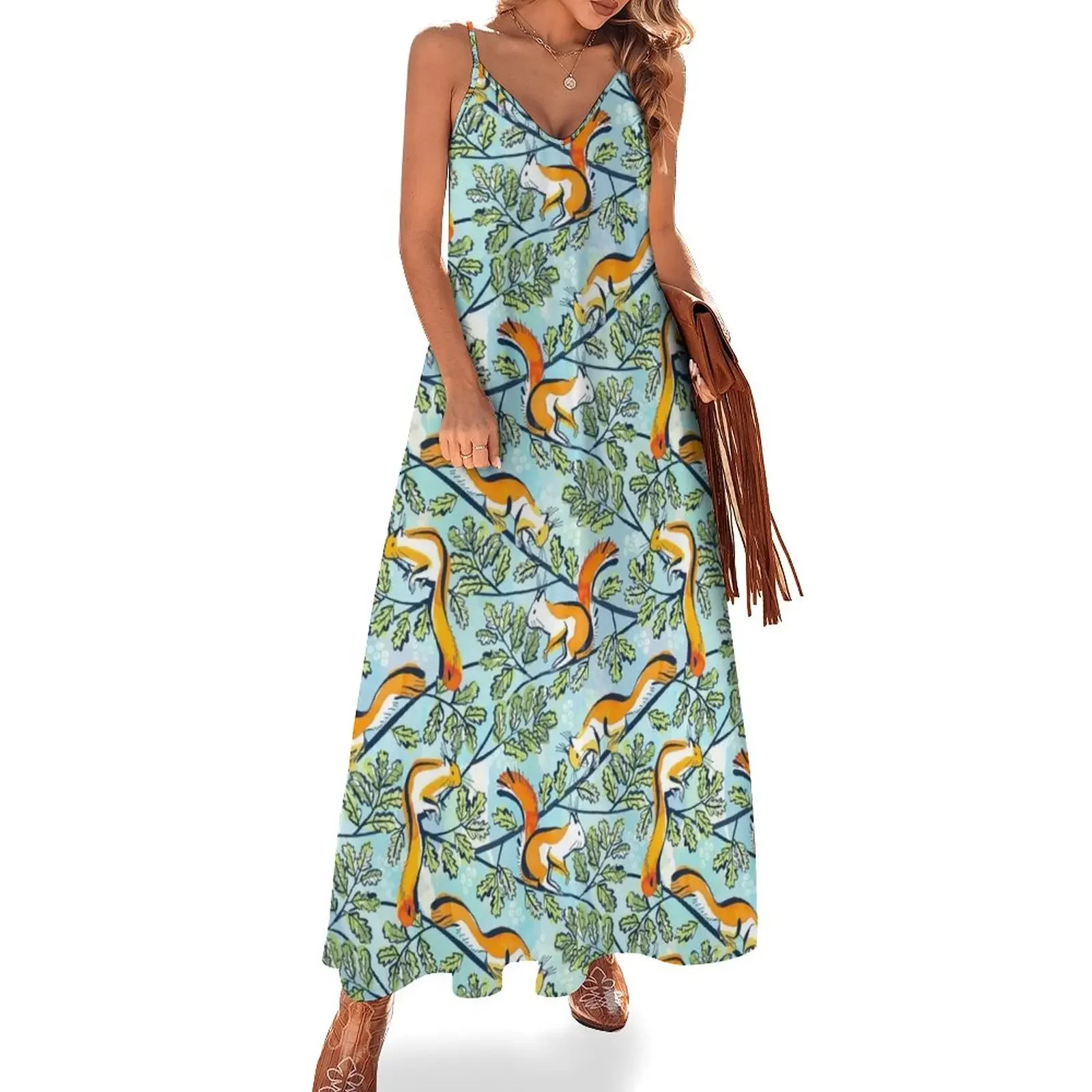 Oak Tree with Squirrels in Summer Sleeveless Dress women's summer dresses 2025 clothing women summer 2025