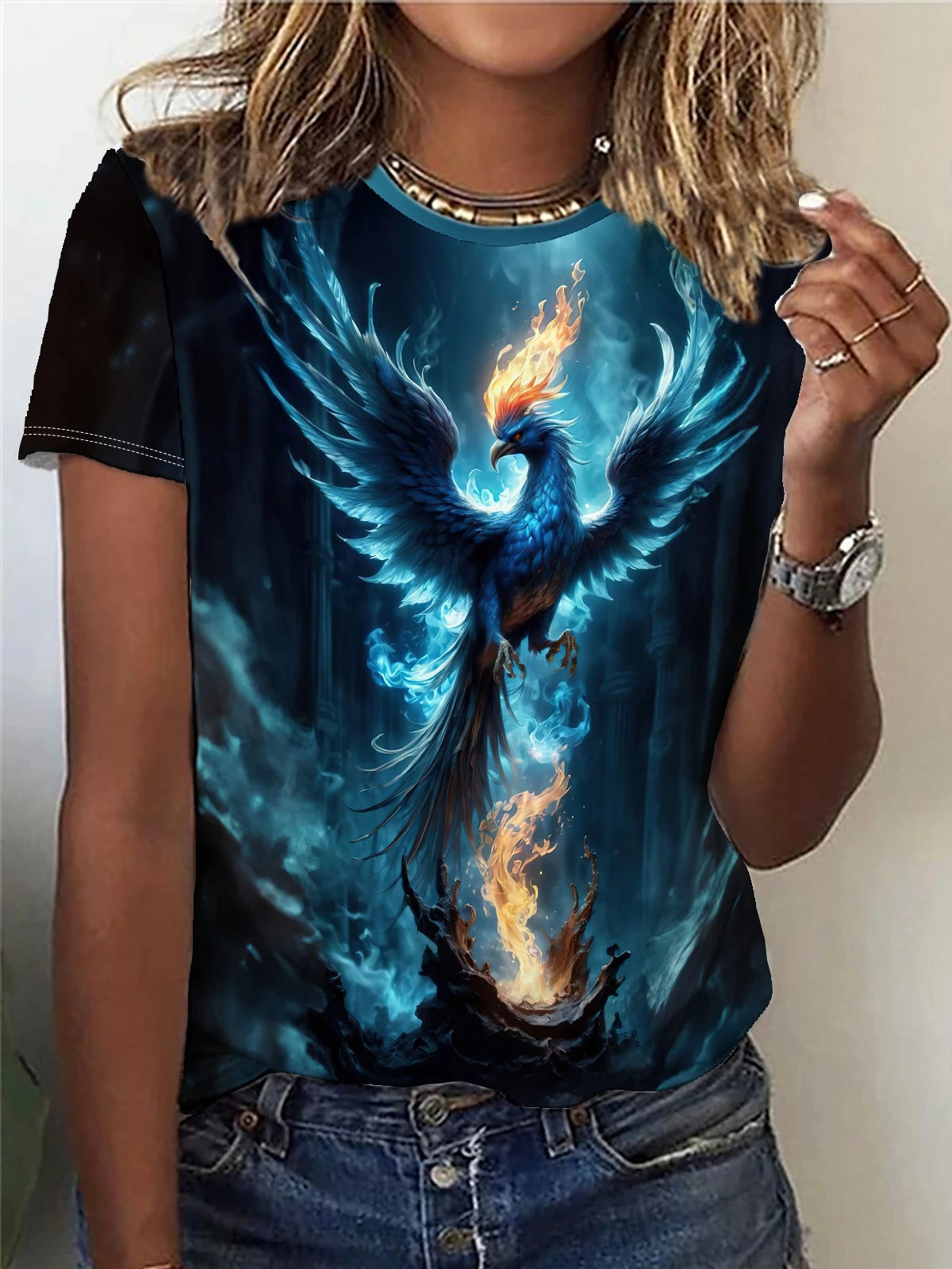 Blue Flame Phoenix Print T-shirt, Casual Crew Neck Short Sleeve Top For Spring & Summer, Women\'s Clothing