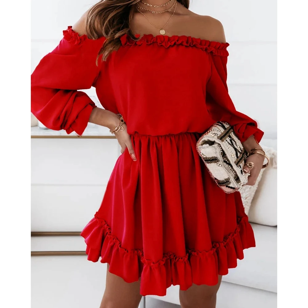 

Women Off The Shoulder Ruched Frill Elegant Dresses Summer Long Sleeve Casual Shirring Waist Streetwear Dresses Fashion Trendy