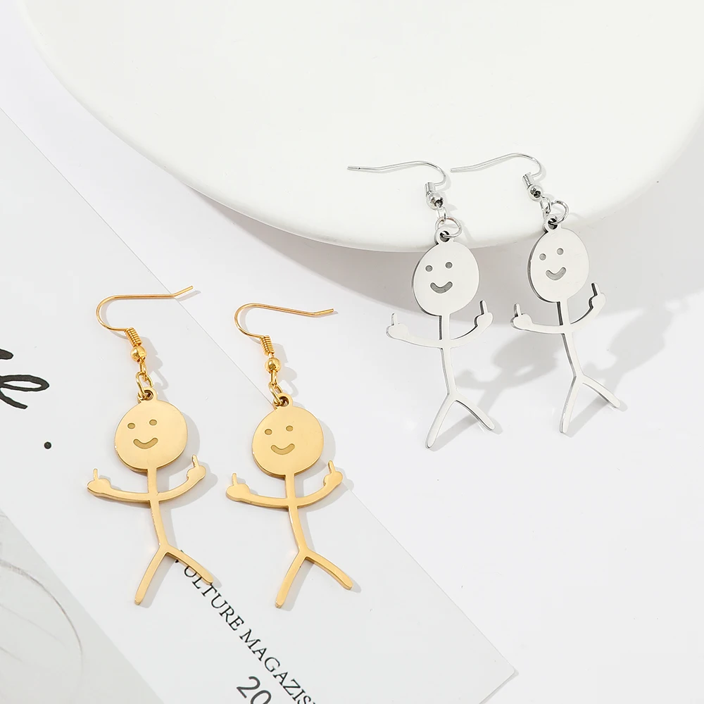 Titanium Steel Fuxk You Doodle Earrings For Woman Trend Punk Middle Finger Stickman Hip Hop Dangle Earrings Cool 2023 New Jewely