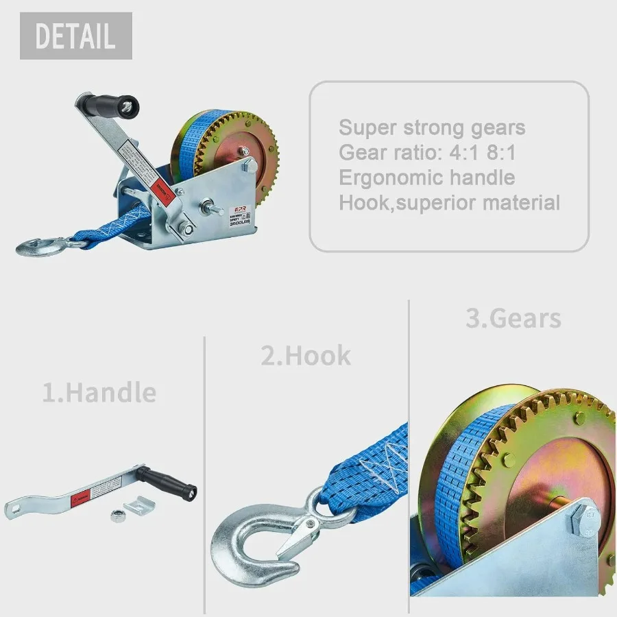 ونش القارب 3500 رطل، مع حزام أزرق بطول 32 قدمًا وسرعتين قابلة للتحويل، لونش سحب مقطورة القارب #6