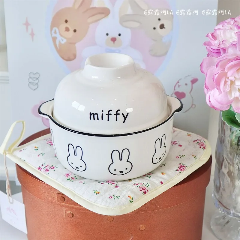 Kawaii ​ ​ Ciotola per ramen in ceramica Miffy con doppi manici Ciotola per zuppa isolata sicura per microonde con coniglio carino per utensili da cucina per uso domestico