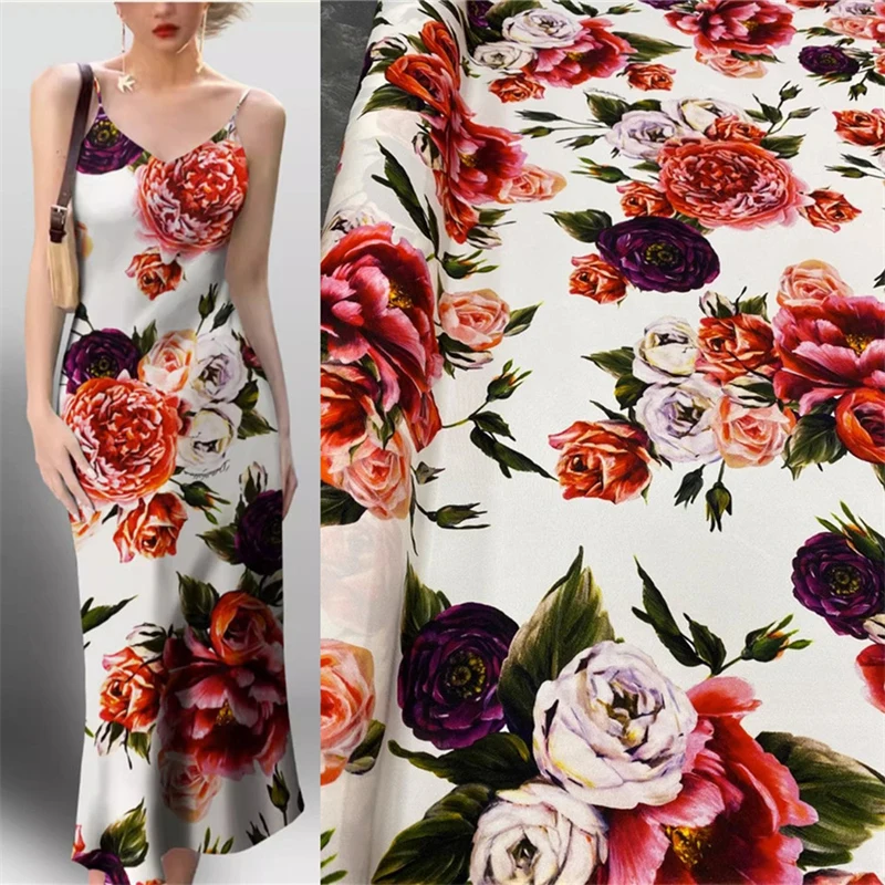 Classics D Family Heavy Crepe 30 Mm Mulberry Silk Fabric Peony White Background High-end Brand Dress Digital Printed Fabric