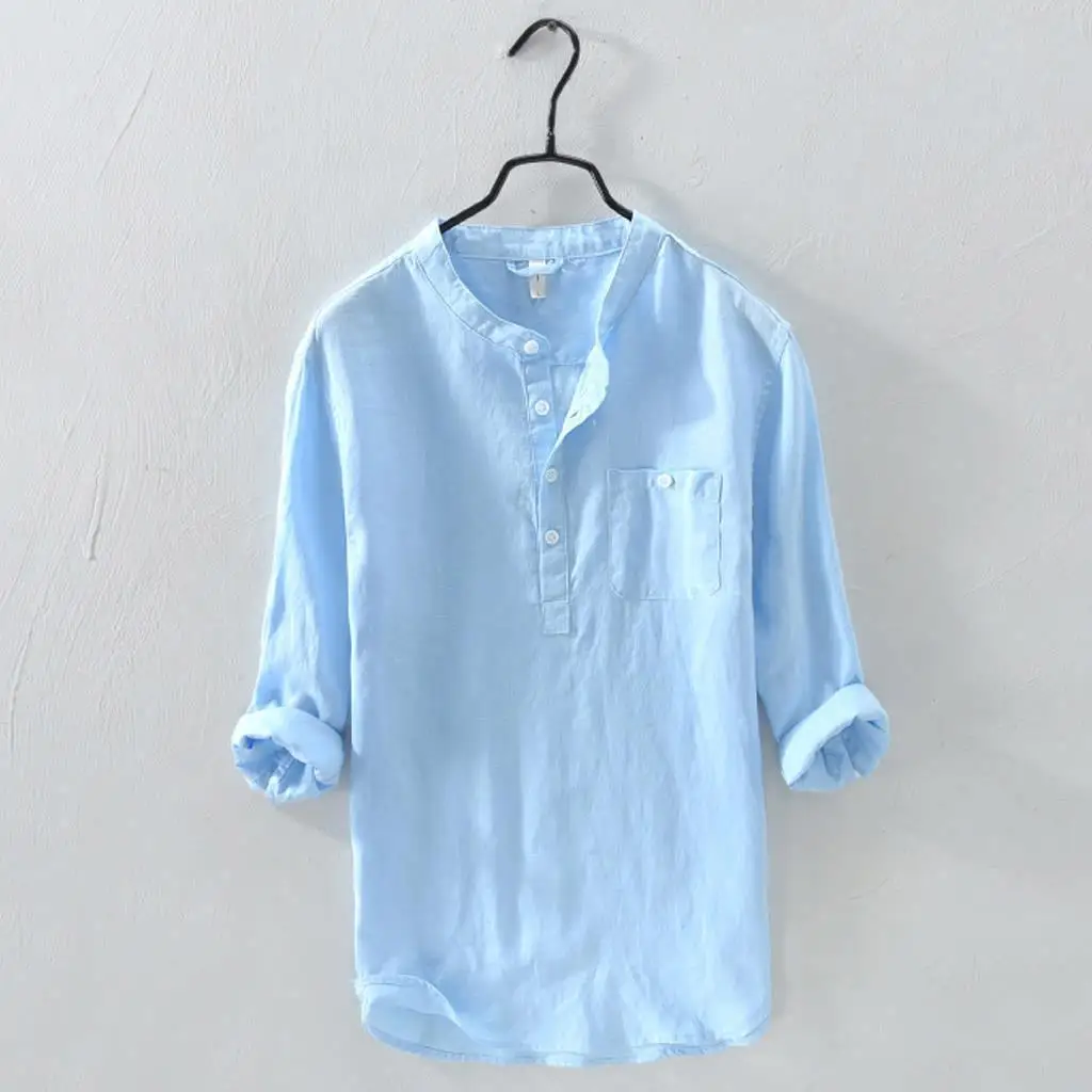 

2024 Men's Cotton and Linen Long-Sleeved Shirt Fashionable Urban Stand Collar Solid Color Shirt