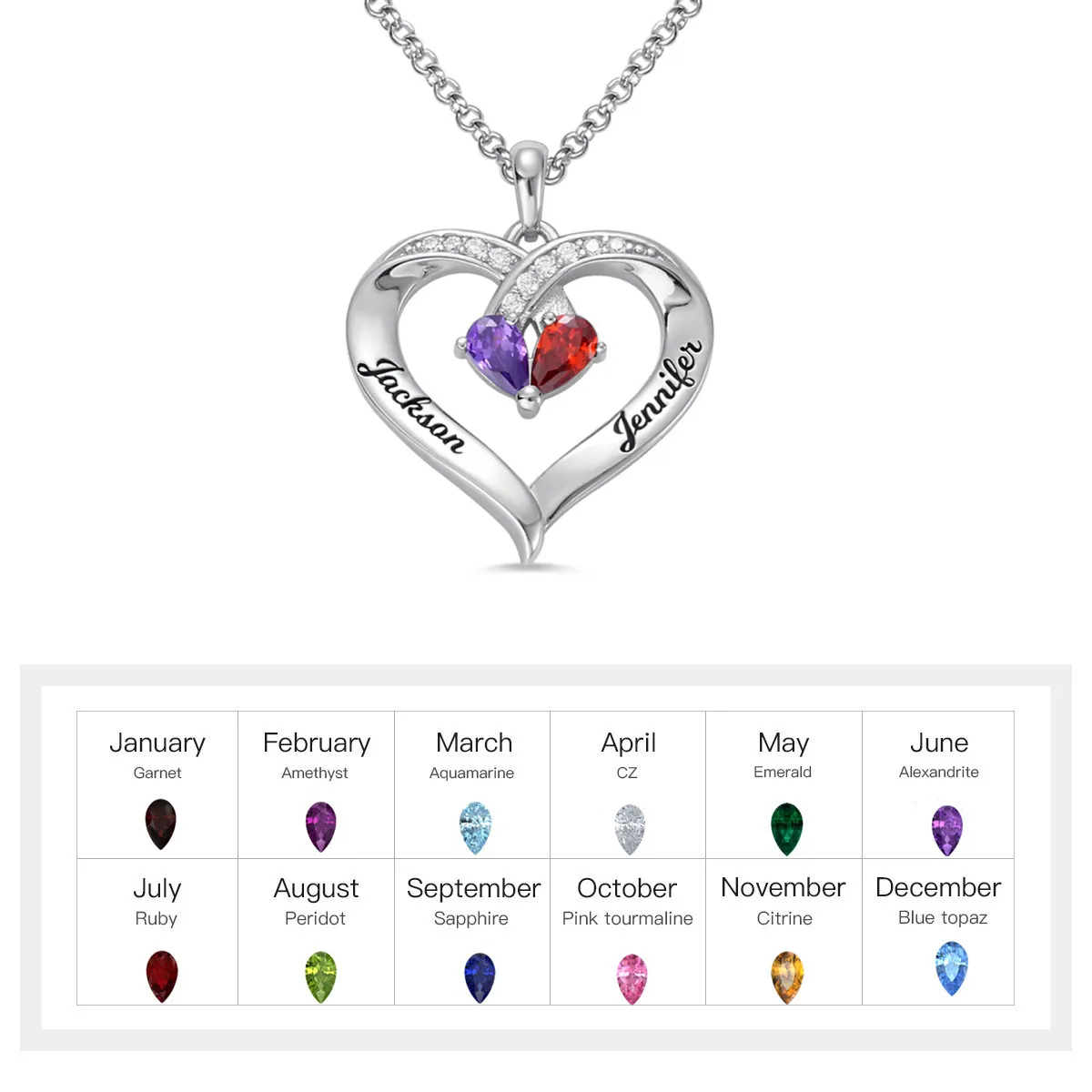 JQUEEN 925 Silver Necklace Customized Drop Gemstone 2 Birthstone 2 Name Women's Heart-shaped zircon Birthday Gift Jewelry