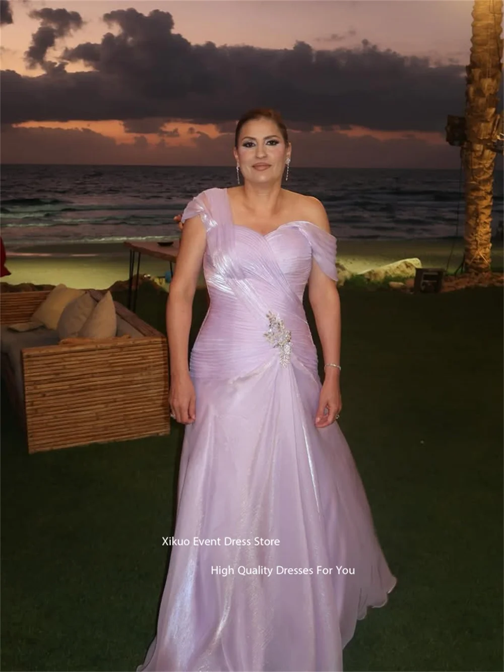 Xikuo Schimmernde Chiffon Plissee Abendkleider Asymmetrische Kragen Geraffte Prom Kleider Elegante Vestidos De Fiesta Mujer Angepasst