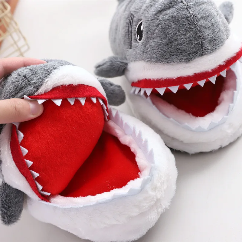 Funny Shark Plush Warm Slippers Women Winter Shoes Cartoon Shark Fur Shoes Lovely Indoor Slippers Men Winter Home Shoe