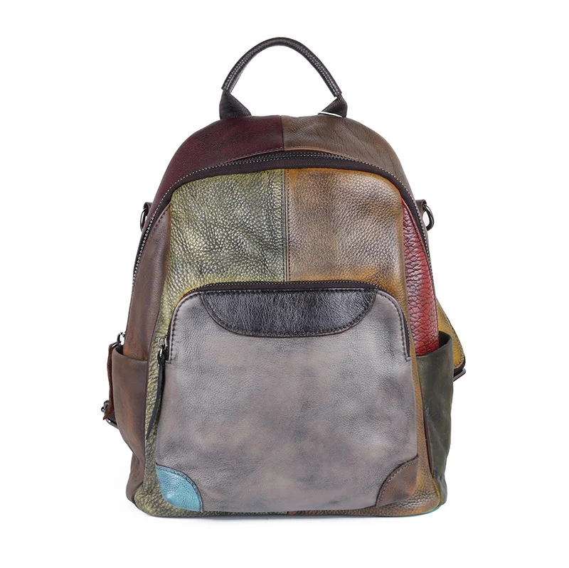 

2024 New Hand-painted Panelled Women Backpack Genuine Leather Female Retro Bag Leisure Vintage Travel Backpack Mochila