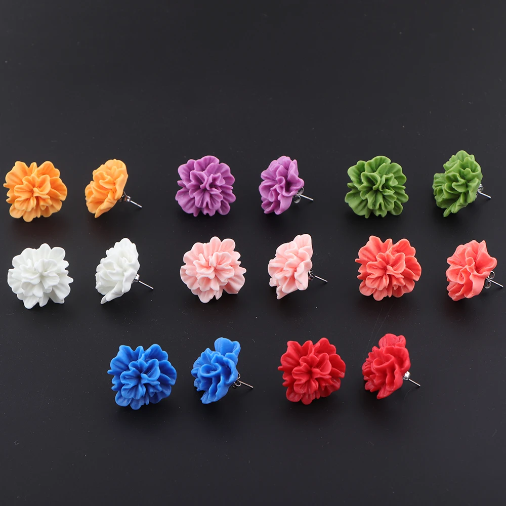 8 Colors Flower Stud Earring Resin Flat Back Cabochon 3D Gardenia Flower Charm Exaggeration Klein Blue Stainless Steel Ear Studs