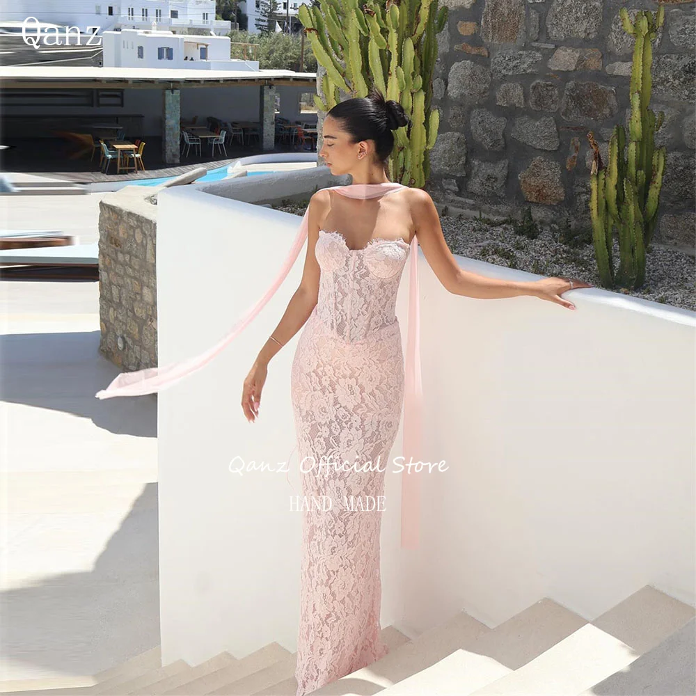Qanz Graceful Full Lace Appliques Prom Dresses Transparent Pink Formal Evening Dress Sweetheart Mermaid Party Gown Customized