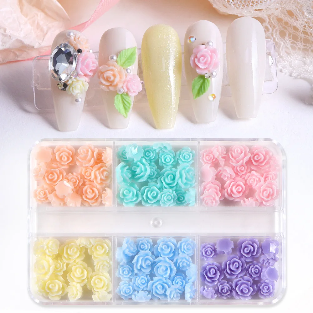 6grids Kawaii Camellias Parts Nail Figures For French Manicure 3D Macaron Flower Rhinestones Nail Accessories Rose Charms Design