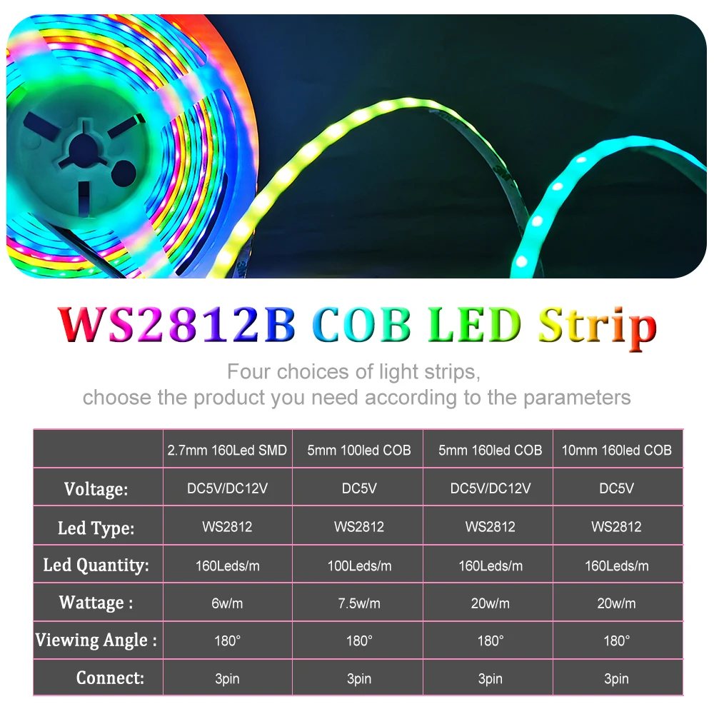 2.7mm 5mm 10mm WS2812 COB Led Strip Light Individually Addressable 160Led/M High Density Flexible Pixel RGBIC SMD Luces DC5V 12V