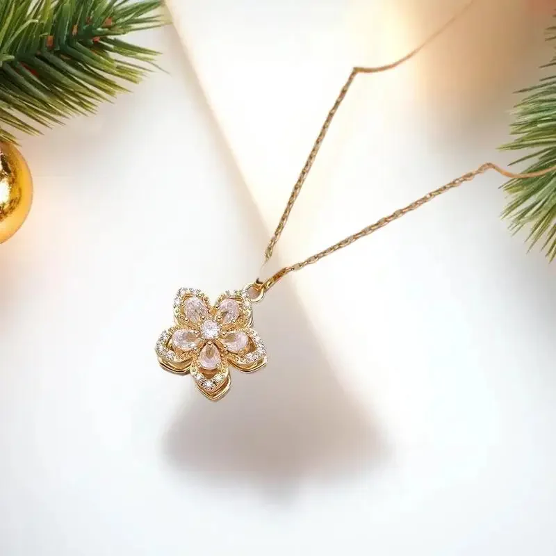 ضوء فاخر تدور الزركون زهرة قلادة قلادة للنساء الذهب اللون جودة عالية الشعور سلسلة القلائد هدايا مجوهرات الحفلات