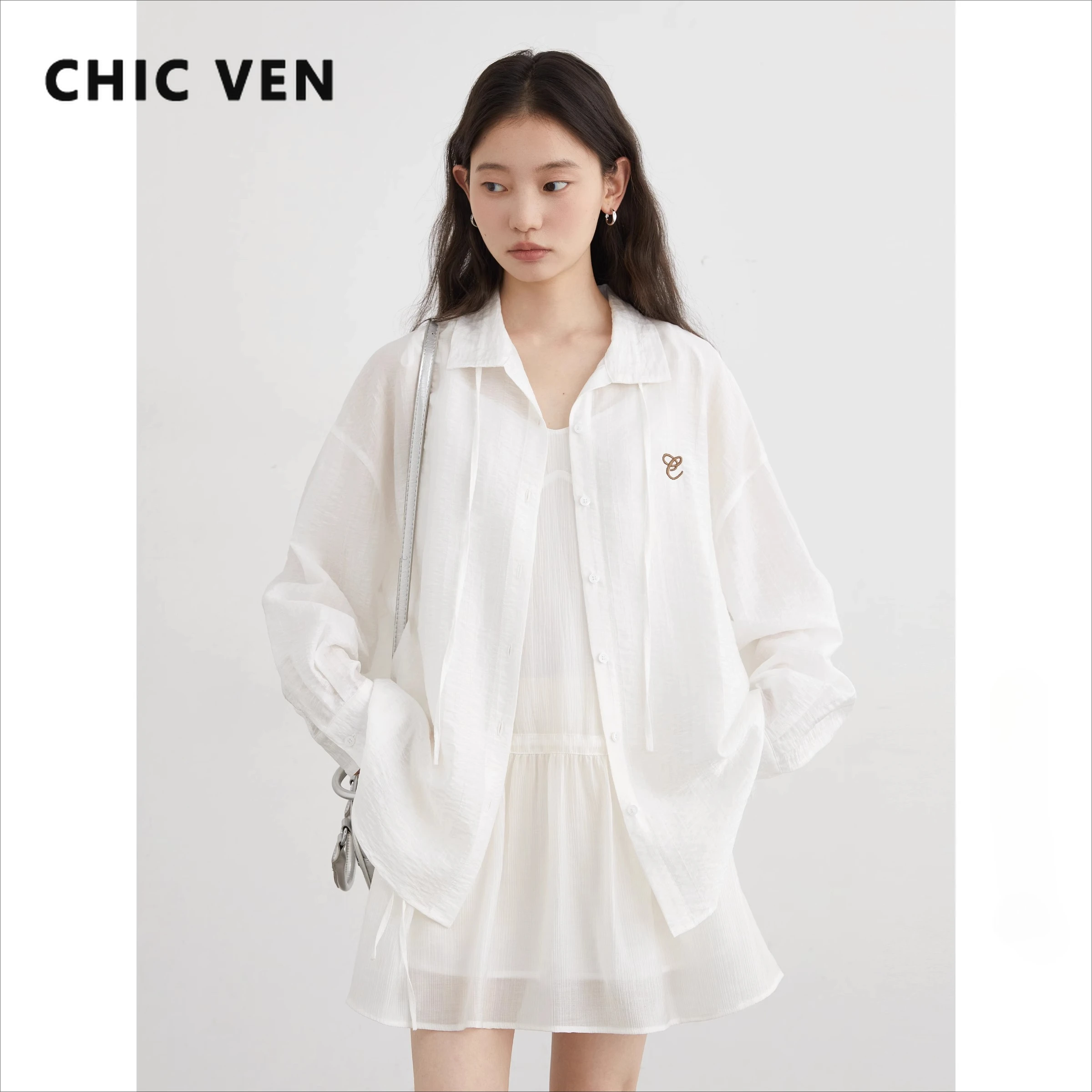 

CHIC VEN Women Shirt Loose Casual New Drawstring Embroidered Coat Micro Transparent Sunscreen Female Blouses Summer 2025