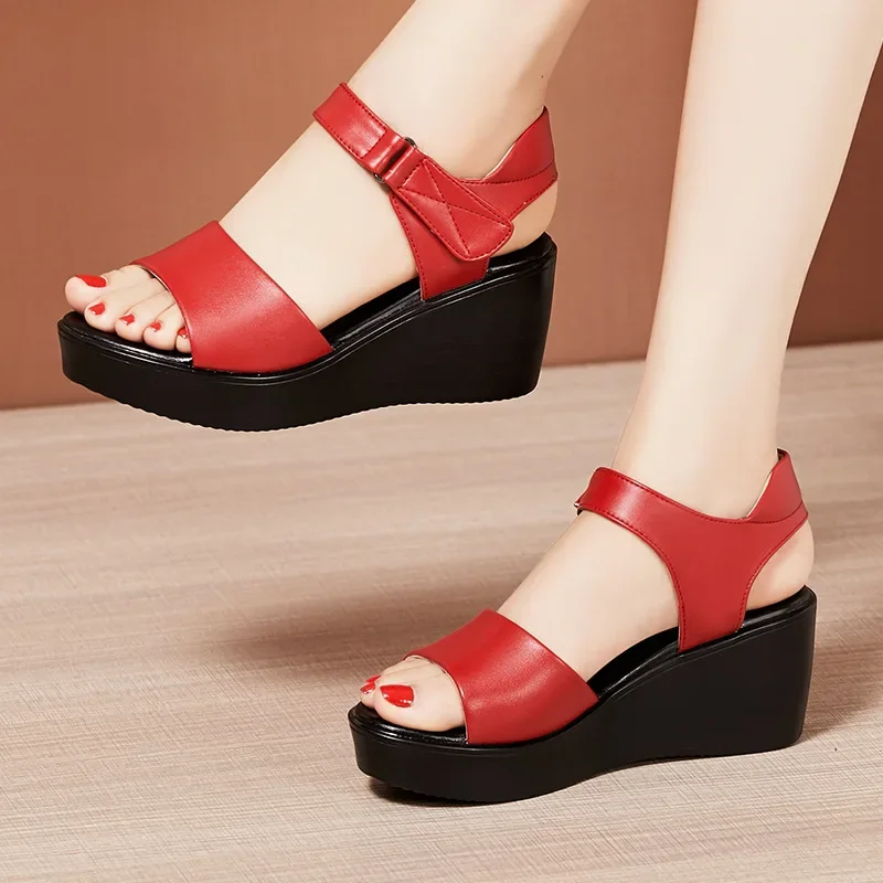Small Size 32-43 Summer Platform Wedges Sandals Women 2024 Casual Soft Leather Shoes High Heels Sandals for Office Mom Beach