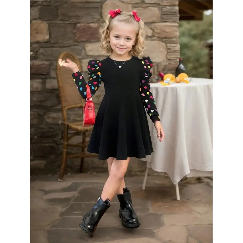 Children's Elegant Stretchy Heart-Shaped Print Long-Sleeve round Neck Ruffle Edge Dress Colorful Casual Dresses for Kids