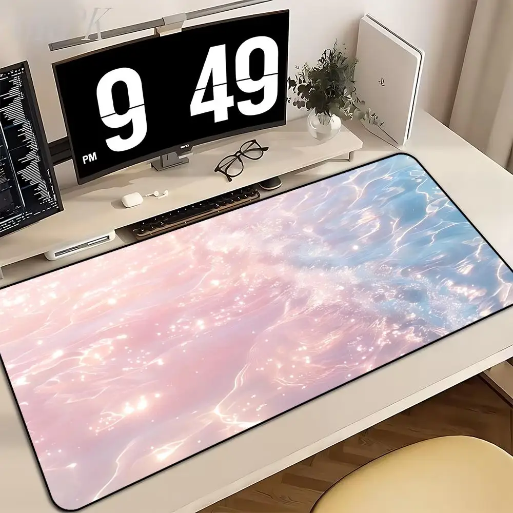 Pink Blue Shimmer Water Surface Aesthetic Mouse Pad Large Extended Desk Pad Gradient Glitter Sea Wave Gaming PC Office Desk Mat