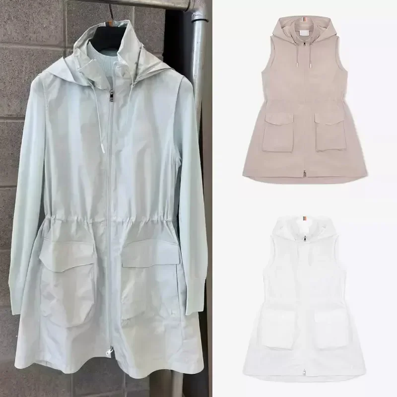

Golf Clothing Women's Zipper Hooded Mid Length Vest Spring Summer Slim Fit Waist Sleeveless Coat