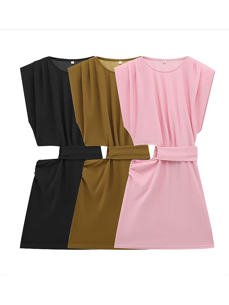 

OUROPEAN ZTATION 2025 Summer Lady Elegant Top Dresses Glamorous Woman O-Collar Sleeveless Mini Skirt Ruffles Dress Hollow Out