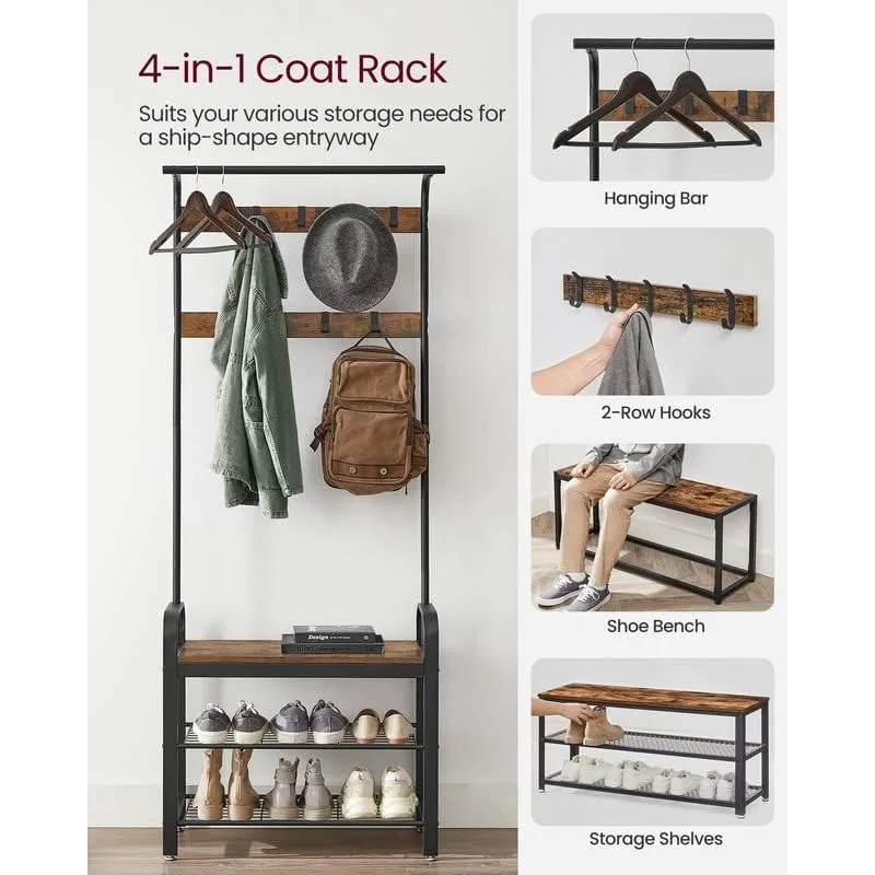 Coat Rack, Hall Tree with Shoe Bench for Entryway, Entryway Bench with Coat Rack, 4-in-1, with 9 Removable Hooks, a Hanging Rod