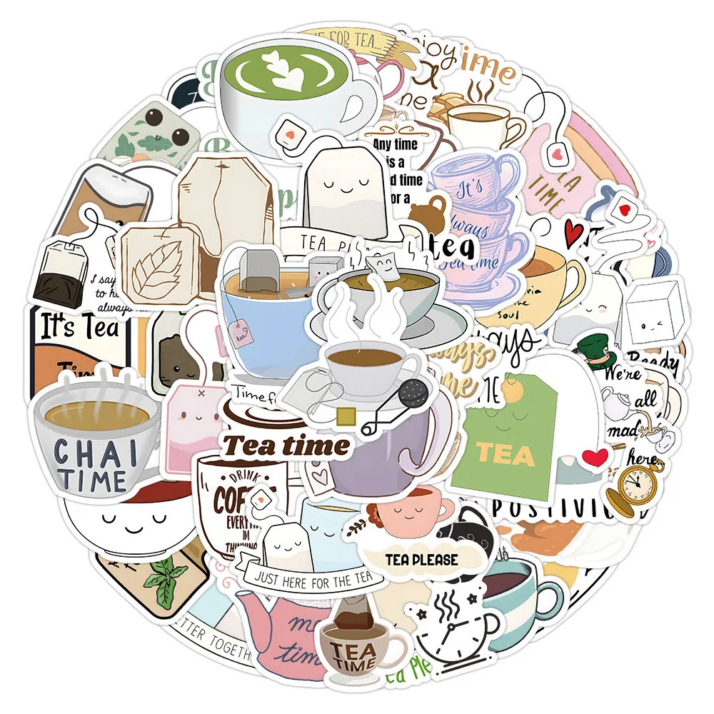 50Pcs Tea Time Cartoon Graffiti Stickers Coffee Themed Decals for Luggage Phone Case Notebook Decoration Giajar Sticker Store