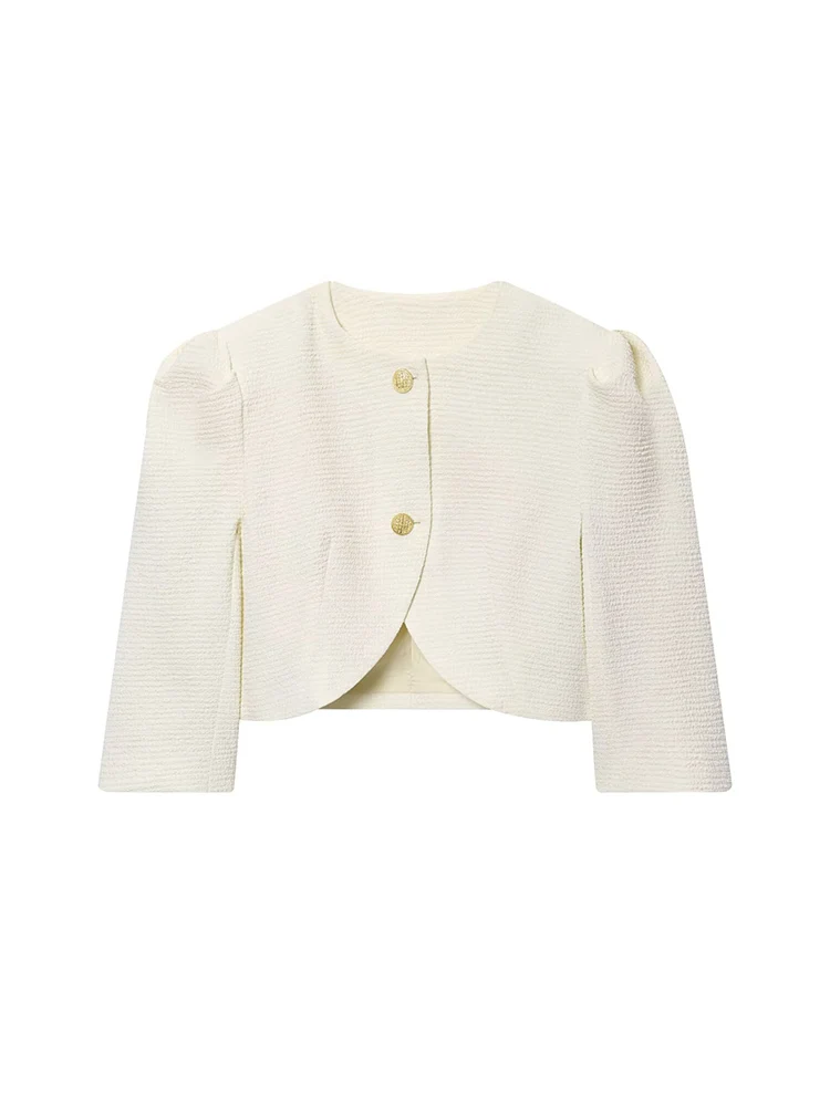 TFMLN Women Elegant Puffed Sleeves Short Jacket  Solid Round Collar Single Breasted Half Sleeve Cropped Coats Fashion Outerwear
