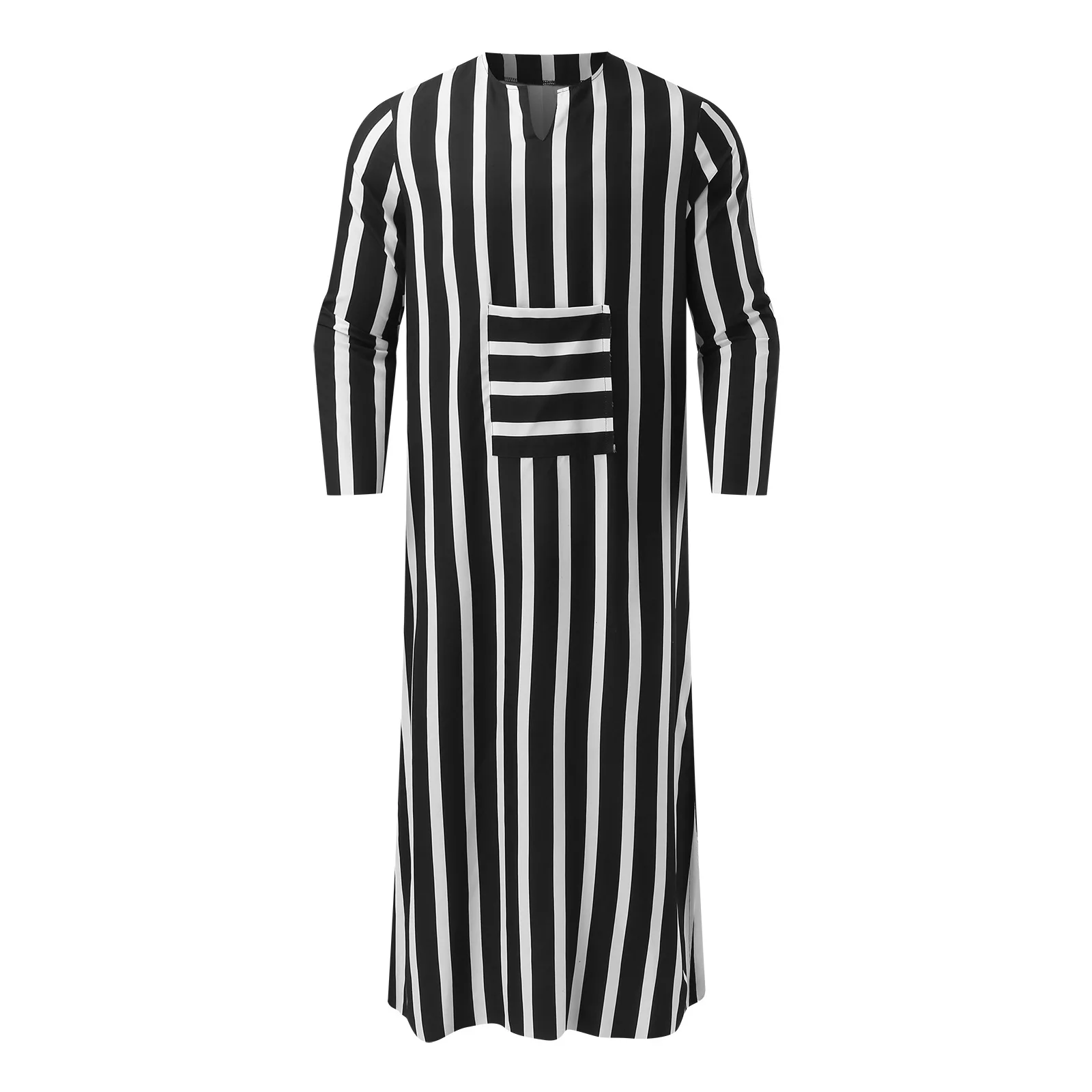 Burr Design 1 Piece Muslim Men\'s Jubba Thobe Kaftan Long Sleeve Dress Black White Striped Maxi Robe Saudi Arabic Cloth MY952